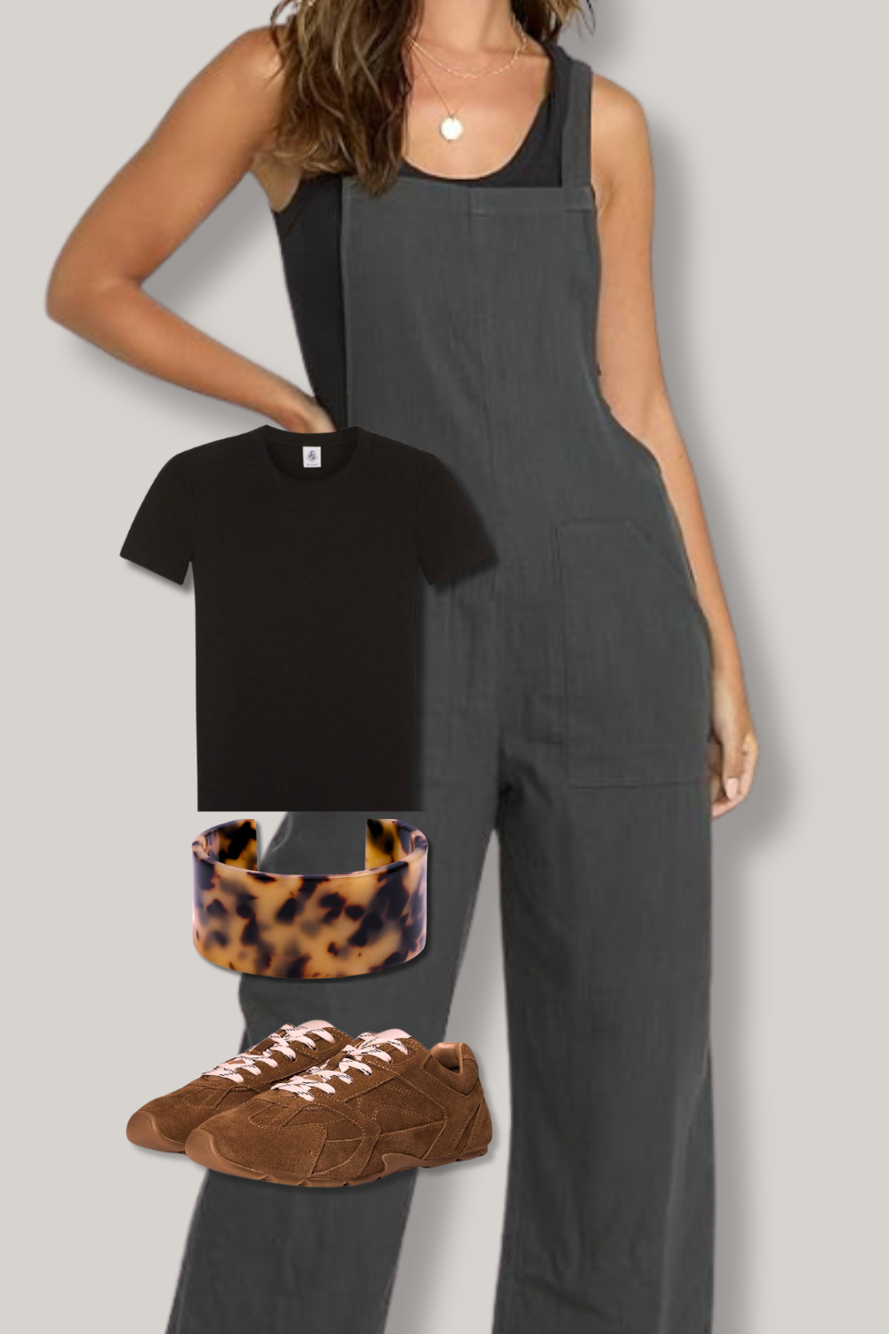 comfortable spring outfit with jumpsuit, neutral sneakers, and simple accessories